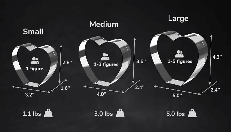 A size guide of the various available 3D photo crystal sizes